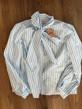 Boden Light Blue and White Striped Tie-Neck Dress Shirt